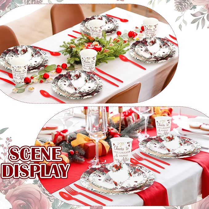 Shellwei 410 Pcs Rose Floral Wedding Paper Plates and Napkins Disposable Cheers to Love Tableware Set Red Floral Bridal Shower Party Supplies with Cups Knives Forks Spoons Seat Cards for 50 Guests