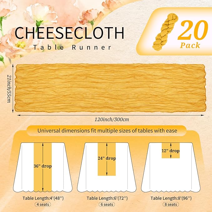 20 Pack Gold Cheesecloth Table Runner 10FT Boho Gauze Cheese Cloth Table Runners Romantic Rustic Sheer Table Decorations for Wedding Party Baby Shower Birthday Holiday Home