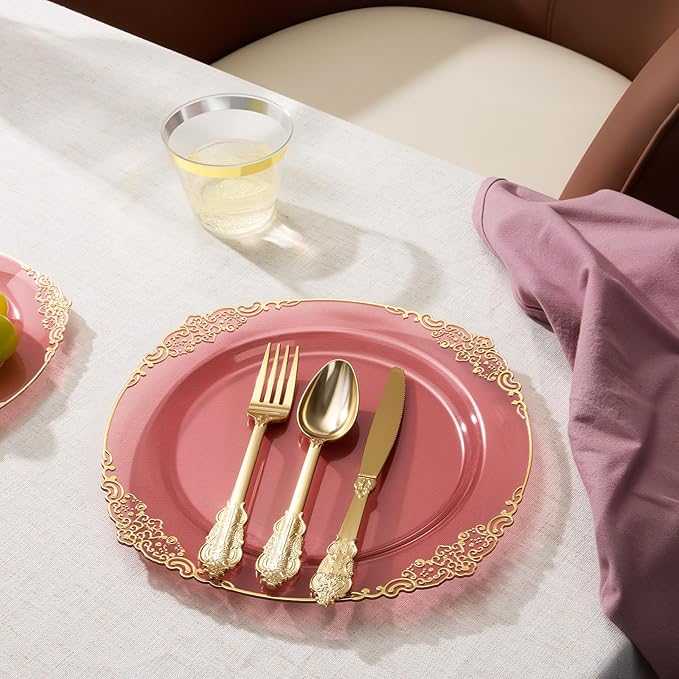 Goodluck 250 PCS Vintage Translucent Burgundy & Gold Rim Plastic Plates with Cutlery Set - Serves 50 - Heavy Duty Elegant Disposable Dinnerware for Thanksgiving, Fall Wedding, Holiday