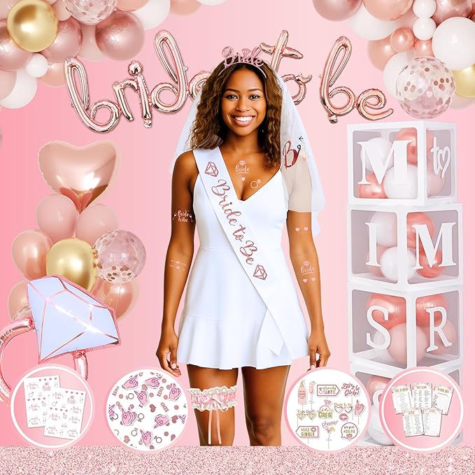 189 pc Premium Bridal Shower Party Decorations – Balloons, Bride to Be Sash, Veil, Headband, Backdrop, Props – Pink Bachelorette Party Decorations for Engagement, Rose Gold Bridal Shower Decorations