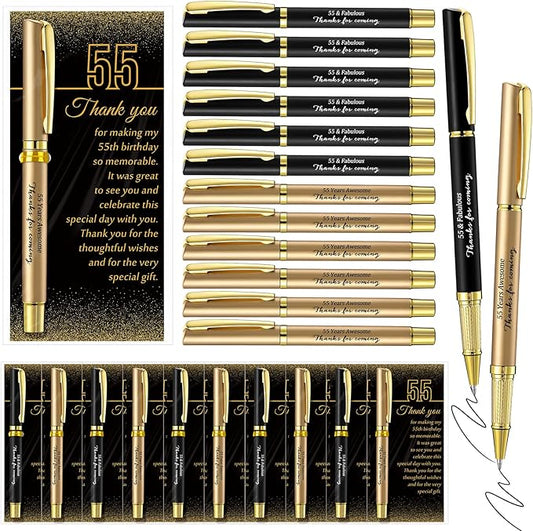 Feifeiya 30 Set 55th Birthday Party Favor for Guest Anniversary Party Favor with Black and Gold Ballpoint Pens and Thank You Cards for Women Men Birthday Anniversary Appreciation Gifts