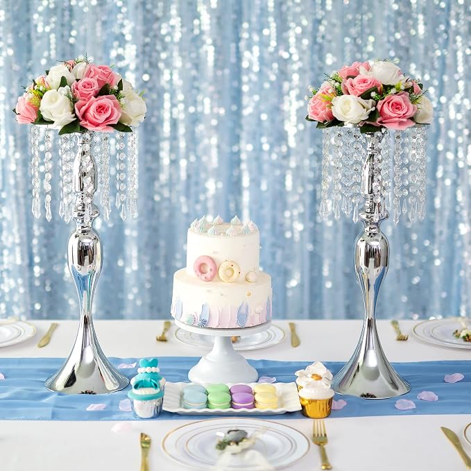 Silver Vase Stand Table: 21.3in Wedding Centerpieces, Set of 2 | High End Crystal Design Vase Stand for Wedding Party Reception Birthday Event Home, Tall Table Center Piece