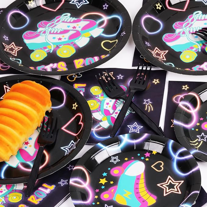 96pcs Roller Skating Party Supplies Tableware Set Retro Roller Skate Party Paper Plates Napkins Set Favors for Boys Girls Teens Birthday Dinnerware Decorations, Serve 24