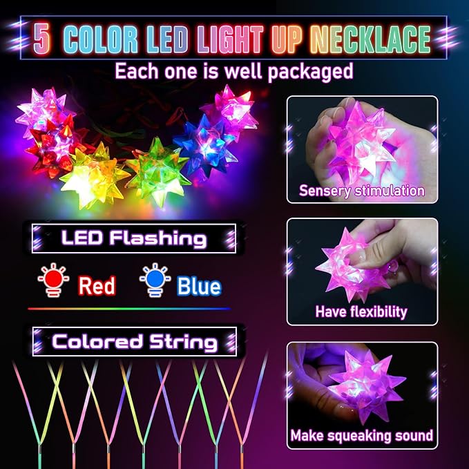 100PCS Flashing Crystal Star Necklaces, Glow Necklaces Bulk Light up Party Favors, LED Glow in The Dark Supplies for Kids Adults Birthday Glow Party Rave Halloween Goodie Bags Filler (Colorful)