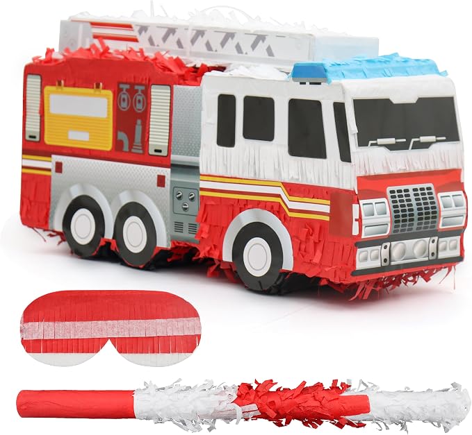 Small Fire Truck Pinatas Bundle with a Blindfold and Bat(16.1x8x5.1 Inches), Perfect for Firetruck Birthday Decorations, Boys Birthday Party Supplies