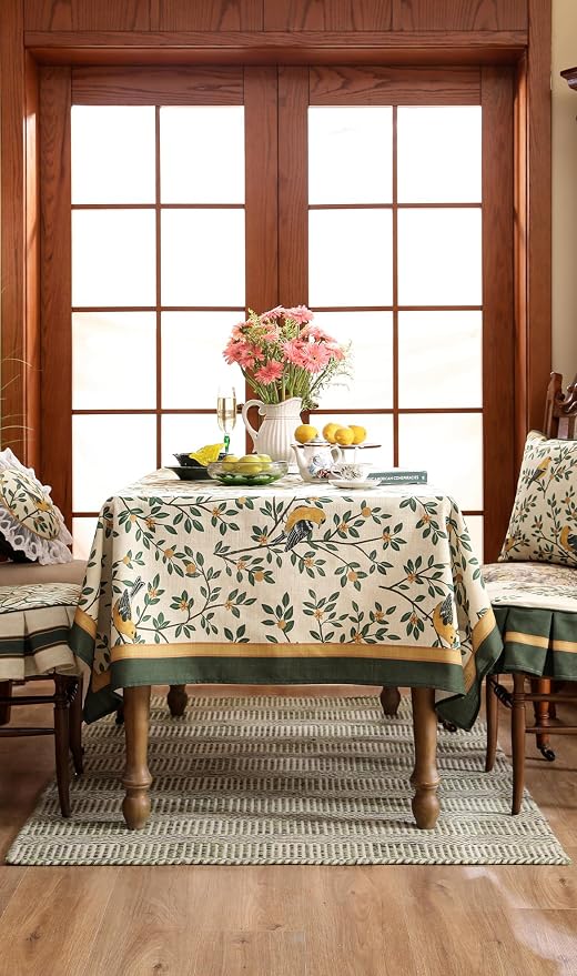 patdrea Designer French Linen Tablecloth,Rectangular,71"x55"-Warbler A | Vintage Table Cloth for Rectangle Table,Yellow and Green Floral Pattern,Dining Room Tea Party Thanksgiving Decor