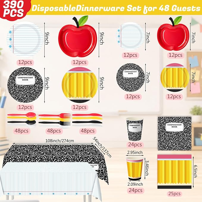 Ceenna 390 Pcs Back to School Party Supplies for 48, Red Apple Plates Napkins Cups Tablecloth Cutlery Composition Notebook Disposable Tableware Set for First Day of School Decoration