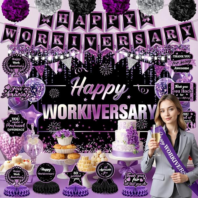 Happy Work Anniversary Decorations Black and Purple Happy Workiversary Banner Honeycomb Centerpieces Hanging Swirls Tissue Paper Pompoms Sash Set for Women Office Employee Worker Appreciation Supplies