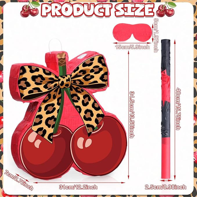 VioraWhite Cherry Leopard Print Piñata Set Cherry Cheetah Piñata Game with Blindfold Hitting Stick Cheetah Print Red Black Party Theme Decoration for Bachelorette Jungle Animals Women Party Supplies