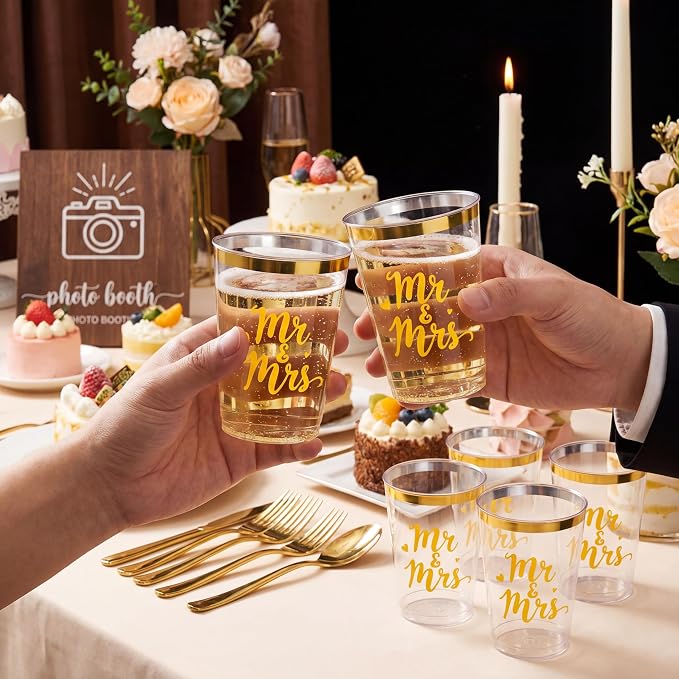 Shinymoon 50 Pack Mr and Mrs Party Supplies 12 oz Wedding Cups Bridal Shower Gifts for Couples Disposable Clear Drinking Glasses for Engagement Anniversary Valentines Party Favors Supplies