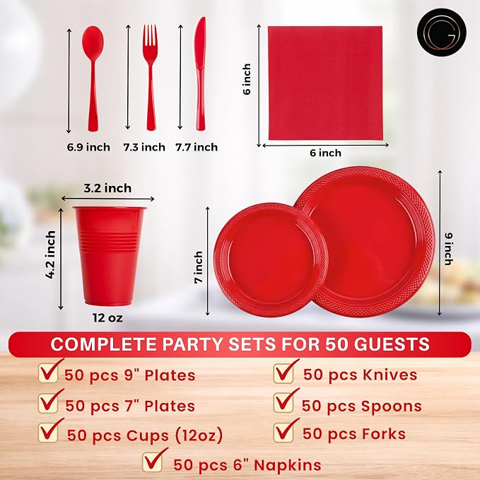 350 Piece RED Disposable Dinnerware Set 50 Guests, Plastic Party Plates And Cups And Napkins Sets - 50 Count 9" Dinner Plates, 7" Dessert Plates, 12oz Cups, Paper Napkins, Forks, Knives & Spoons