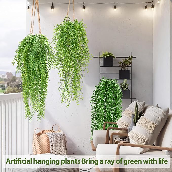 Daifunli 12 Pcs Artificial Hanging Plants Fake Hanging Ferns Plastic Fake Plant for Wall Room Garden Garland Indoor Outdoor Decor No Basket (Mandala, Willows, Fuchsia, String of Pearls)