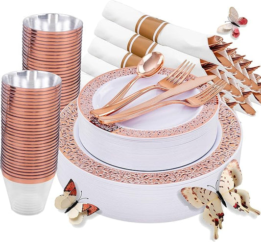 WELLIFE 350 PCS Rose Gold Disposable Dinnerware Set for 50 Guests, Disposable Rose Gold Lace Plates, Include:50 Dinner Plate, 50 Dessert Plates, 50 Pre Rolled Napkins with Silverware and 50 Cups