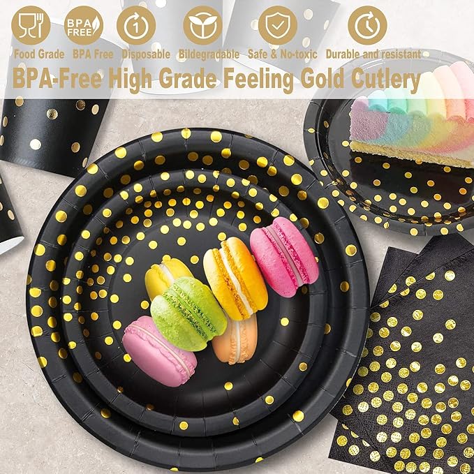 AIRE Black Gold Paper Plates Set, 175PCS Disposable Tableware for 25 | Thick food-grade paper,ideal for elegant weddings birthday graduations,leakproof heavy-duty,eco-friendly party supplies