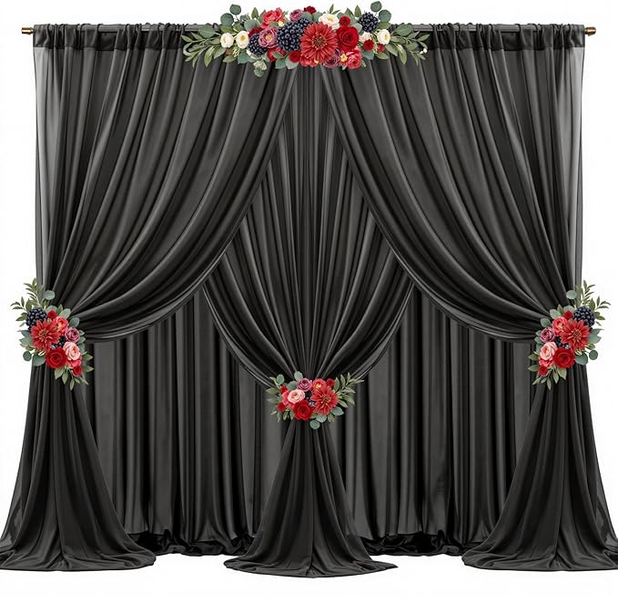 30ft x 10ft Black Backdrop Curtains, Wrinkle-Free Sheer Chiffon Fabric Photo Background Drapes for Wedding Arch Party Ceremony Stage Photography Decorations