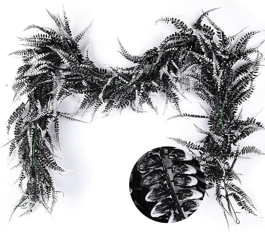 RECUTMS 2pcs Black Garland Artificial Boston Palnts 6 FT Fern Garland Faux Hanging Greenery Halloween Wreath for Outdoor Indoor Halloween Decor (Black+White)