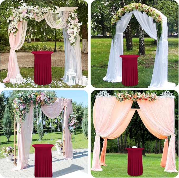6 Packs Round Cocktail Table Skirt 32"x 43" Spandex Stretch Cocktail Tablecloth with Wavy Drapes, Wine Red Spandex Fitted High Top Table Covers for Wedding Bar Party Birthday Banquet Tables