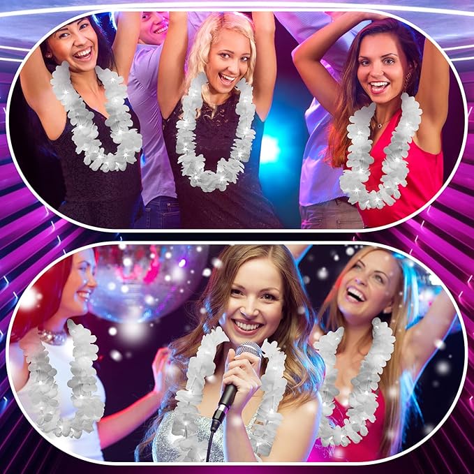 Sherr 48 Pcs LED Hawaiian Leis Light up Flower Leis Necklace with LED Lights Luau Flowers Necklaces for Masquerade Beach Wedding Tropical Themed Party Supplies(White)