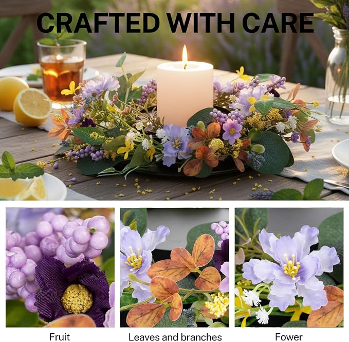 MOYEE Summer Centerpieces for Tables Candle Ring, Black Metal Candlestick with an Artificial Wreaths 14 in Versatile Dining Table Centerpiece Decor (Purple Foam Flower Wreath)