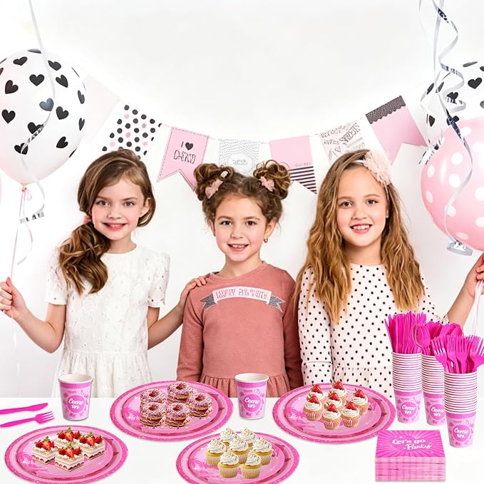 400 Pcs Disposable Let's Go Party Tableware Set for 50 Guests | Heavy-Duty 7" & 9" Paper Plates, Cups, 13" Napkins & Plastic Cutleryfor Wedding Bridal Shower Party Supplies