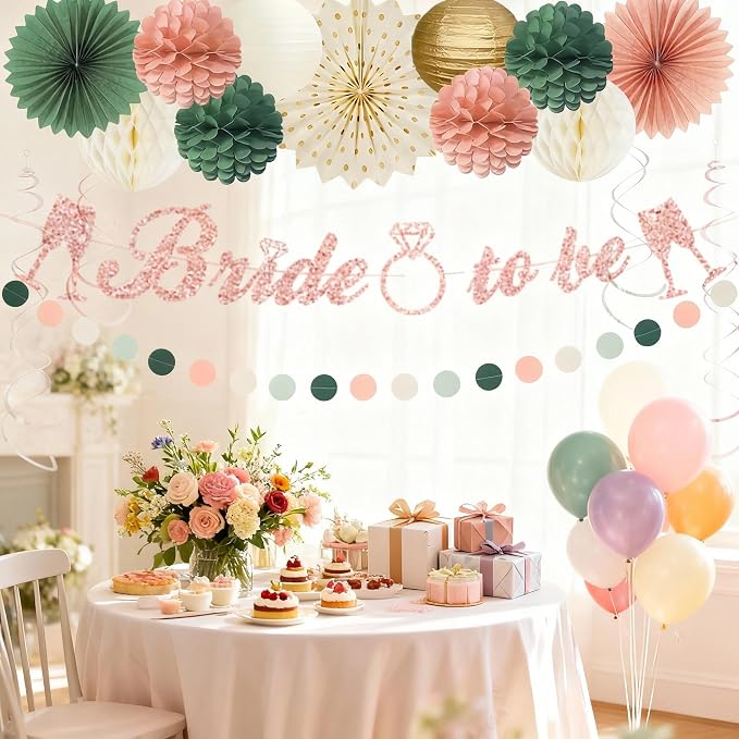 Pink Sage Green Bridal Shower Decorations, Bride to be Banner with Honeycomb Balls, Paper Flowers, Lanterns, Fans, Circle Garland for Wedding Shower, Bachelorette Party Decor 19pcs