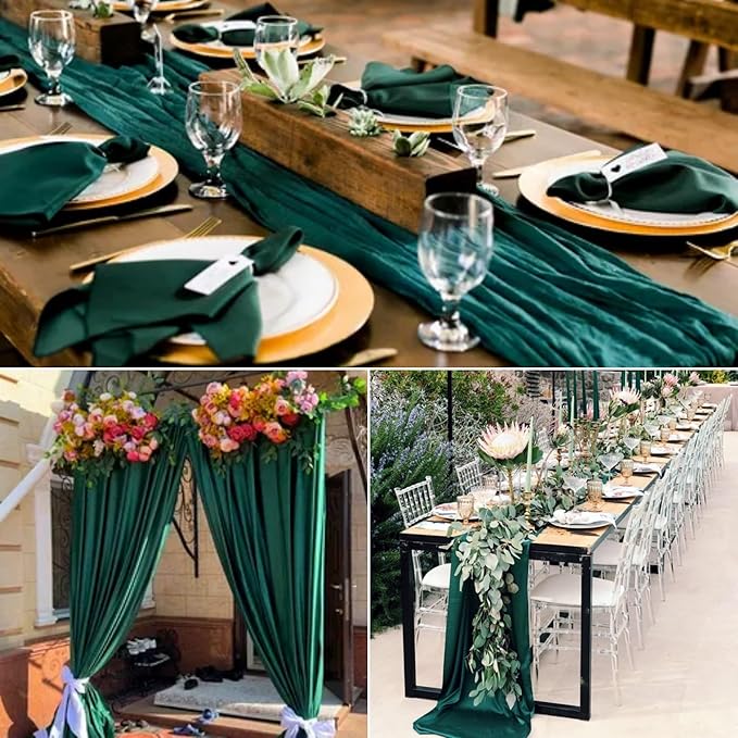 8 Pack Emerald Green Cheesecloth Table Runner 10Ft Gauze Cheese Cloth Table Runner 35 x 120Inch Boho Table Runners Romantic Table Cloth for Wedding Bridal Baby Shower Birthday Party Fall Table Decor