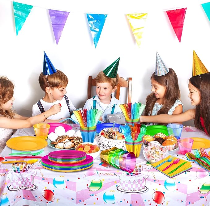 Kochorie 168 PCS Neon Party Supplies Serves 24 Including 7.5 & 10.25 In Disposable Plastic Neon Plates 9 Oz Cups Cutlery Napkins Tableware Set Dessert Cake Plates for Blacklight Party Birthday