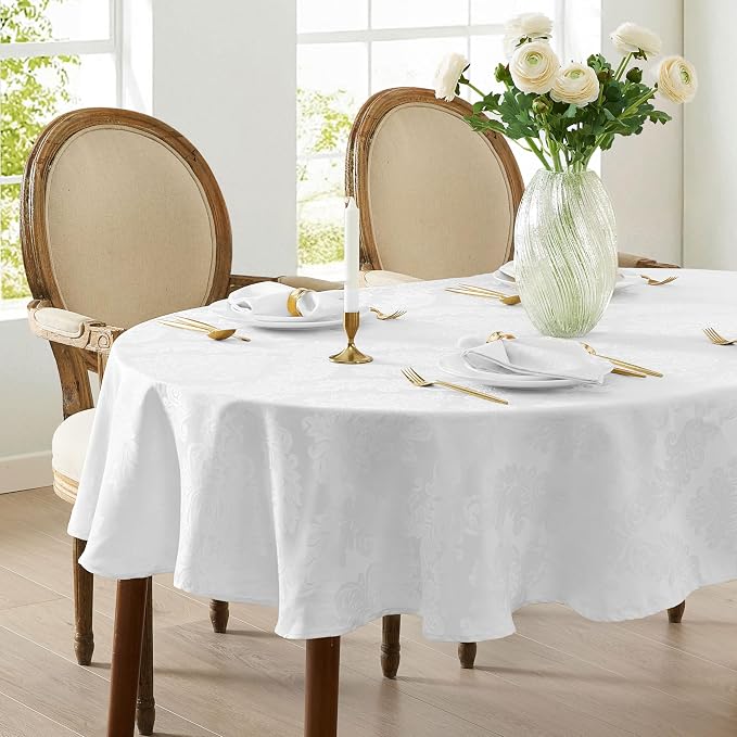 Newbridge Barcelona Luxury Damask Fabric Tablecloth, 60” Wide x 102” Oval, White, 100% Polyester, No Iron, Soil Resistant Dining Room, Party and Banquet Table Cover