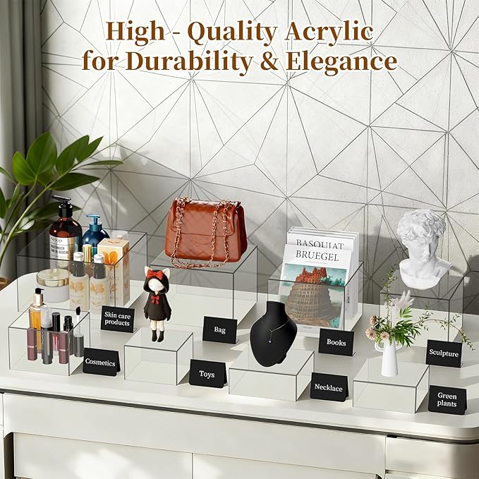 6 PCS 12" to 6.8" Clear Buffet Risers with Mini Sign and Makers, Large Food Risers for Buffet Table, Display Shelf Stands for Party, Catering, Dessert, Jewelry Collectibles, Nesting Cube Boxes with Hollow Bottoms Set (12",10",9",8",7.5",6.8")