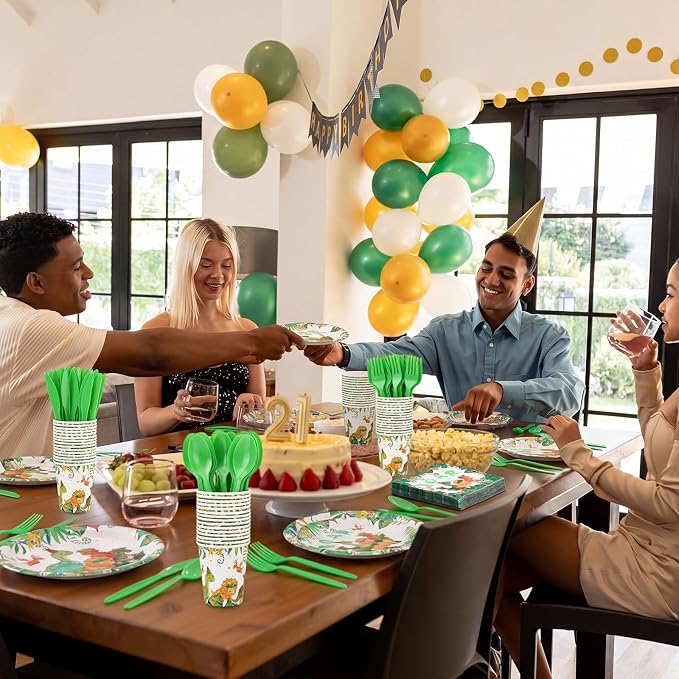 Ziliny 280 Pcs Dinosaur Tableware Set Disposable Dinosaur Paper Plates and Napkins Paper Cups Green Plastic Knives Forks Spoons for Baby Shower Wedding Birthday Party Supplies, Serve 40