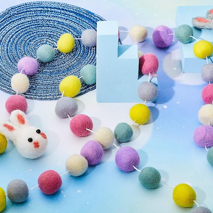 WILLBOND 2 Pieces Wool Felt Rainbow Ball Garland Colorful Pom Pom 6.5 ft Long 24 Ball Garland for Easter Mardi Gras Classroom Halloween Thanksgiving Xmas (Novel Colors)