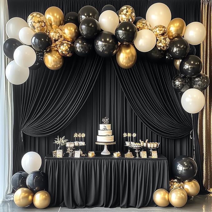 10 Panels 5x15ft Black Backdrop Curtains for Parties, Wrinkle Free Polyester Black Photo Backdrop Drapes 15 ft Long Back Drop Cloth for Wedding Birthday Photography Background Party