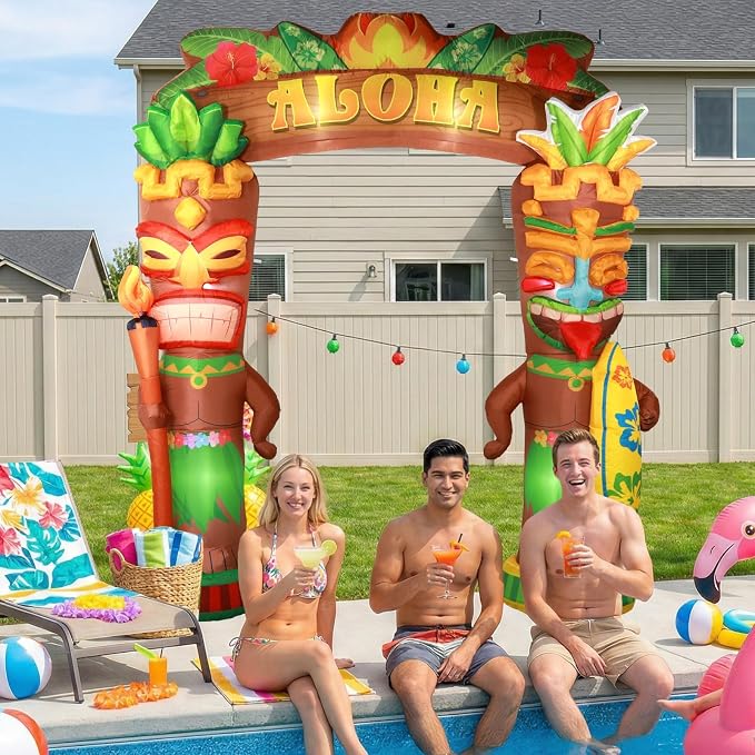 10Ft Hawaiian Tiki Inflatables Luau Party Inflatable Decor Tiki Inflatable Arch with Built-in LED Lights Blow Up Archway Decor for Summer Tropical Aloha Birthday Beach Pool Party Yard Lawn Supplies