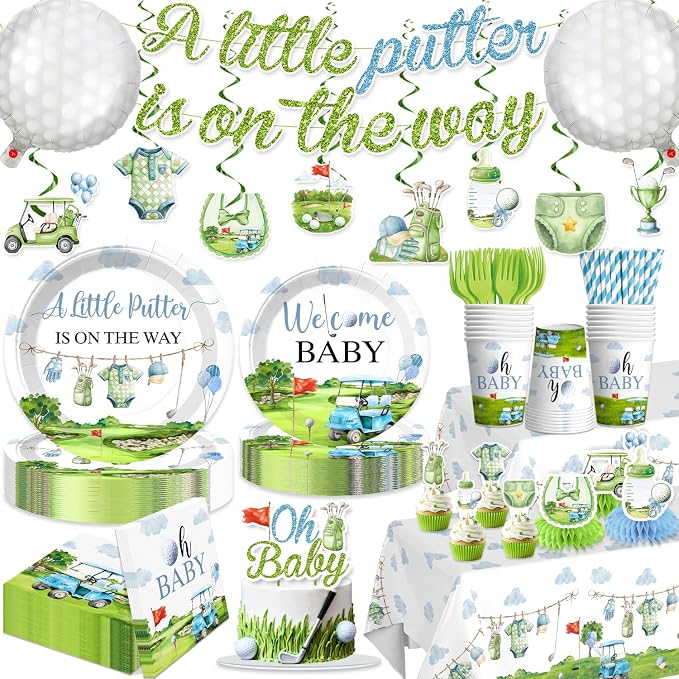 Golf Baby Shower Decorations for 25 Guests, 191PCS Blue and Green Baby Shower Decorations Boy All-in-one Set with Banner, Balloons, Plates, Cake Topper, Napkins, Tablecloths–Easy Assembly