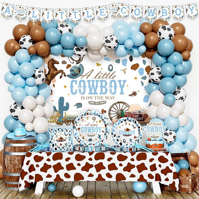 Hombae Cowboy Baby Shower Decorations, 256 PCs Western Baby Shower Party Supplies with A Little Cowboy is On The Way Backdrop, Balloon Garland, Cake Topper, Tableware Set - Plates, Napkins, Forks