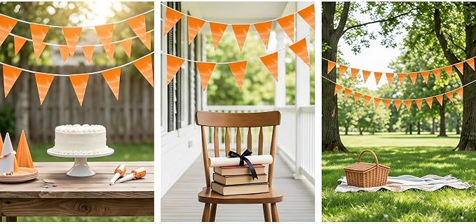 40M/130FT Macaroon Orange Triangle Pennant Banner Flag Metallic Fabric Bunting Garland for Christmas Graduation Anniversary Birthday Engagement Wedding Anniversary Casino Party Decorations Supplies
