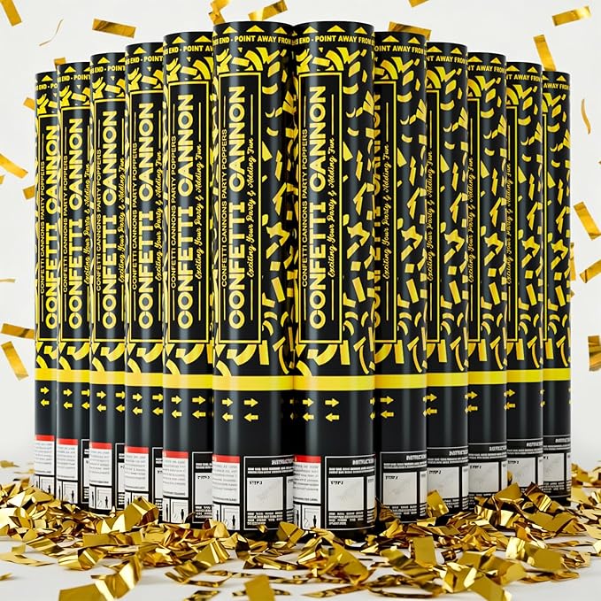 Confetti Cannon Gold Party Poppers 12 Pack Party Cannon Confetti Shooters for Celebrations Wedding Birthday Graduation Golden Foil 12 inch Confetti Poppers for Christmas New Year Eve Parties Supply