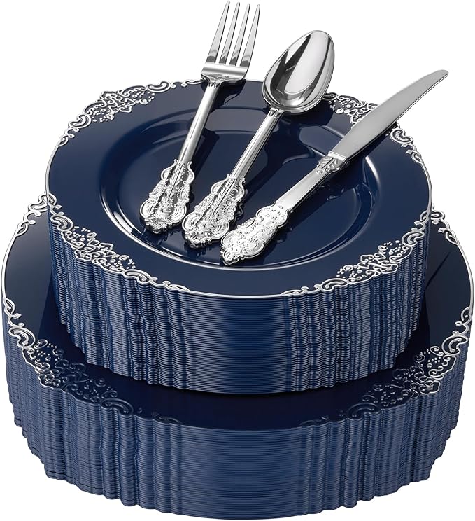 Goodluck 250 PCS Vintage Navy Blue & Silver Plastic Plates with Cutlery Set - Serves 50 - Heavy Duty Elegant Disposable Dinnerware for Graduation, Men's Birthday, Corporate Events