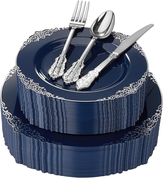 Goodluck 250 PCS Vintage Navy Blue & Silver Plastic Plates with Cutlery Set - Serves 50 - Heavy Duty Elegant Disposable Dinnerware for Graduation, Men's Birthday, Corporate Events