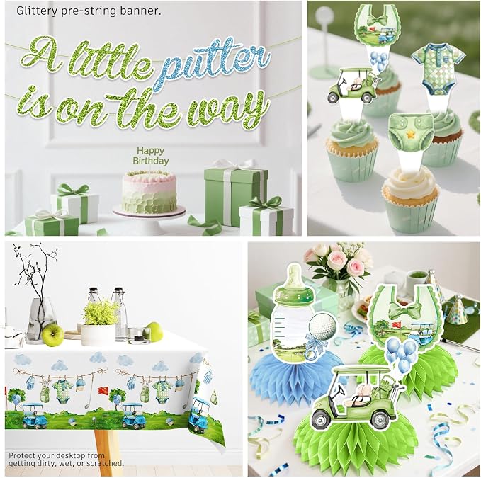 Golf Baby Shower Decorations for 25 Guests, 191PCS Blue and Green Baby Shower Decorations Boy All-in-one Set with Banner, Balloons, Plates, Cake Topper, Napkins, Tablecloths–Easy Assembly