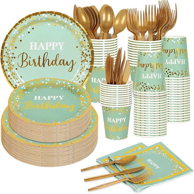 Sage Green and Gold Party Supplies 140 Pieces Happy Birthday Dinnerware - Sage Green Paper Plates, Napkins, Cups, Gold Plastic Forks, Knives, Spoons for Baby Shower Birthday Party Decoration