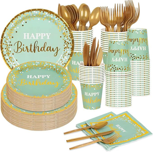 Sage Green and Gold Party Supplies 140 Pieces Happy Birthday Dinnerware - Sage Green Paper Plates, Napkins, Cups, Gold Plastic Forks, Knives, Spoons for Baby Shower Birthday Party Decoration