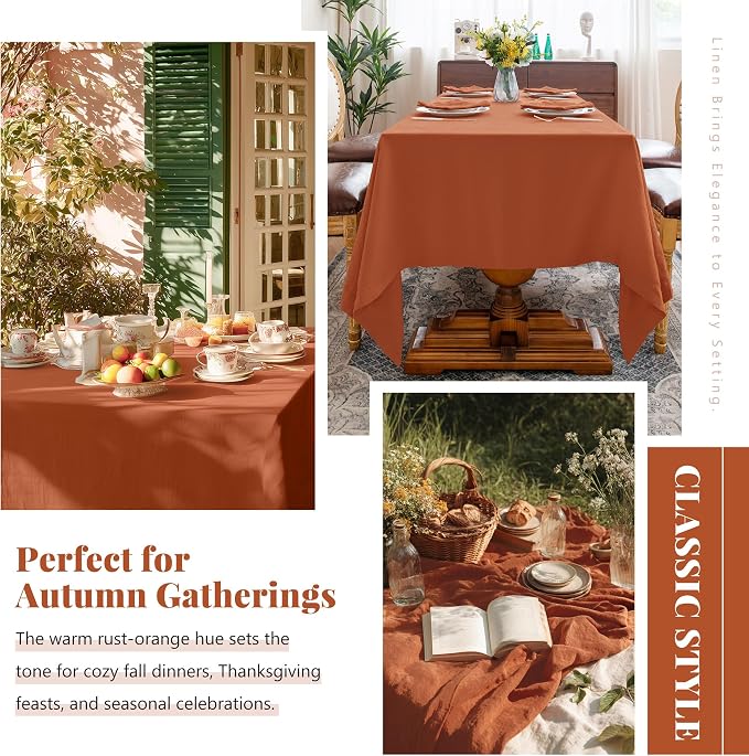 Linen World Fall Linen Tablecloth 90" x 60" Inch,French Linen Washable Rectangular Table Cloth for Dining,Outdoor,Weddings and Restaurants,Decorative Thanksgiving Christmas,Burnt Orange