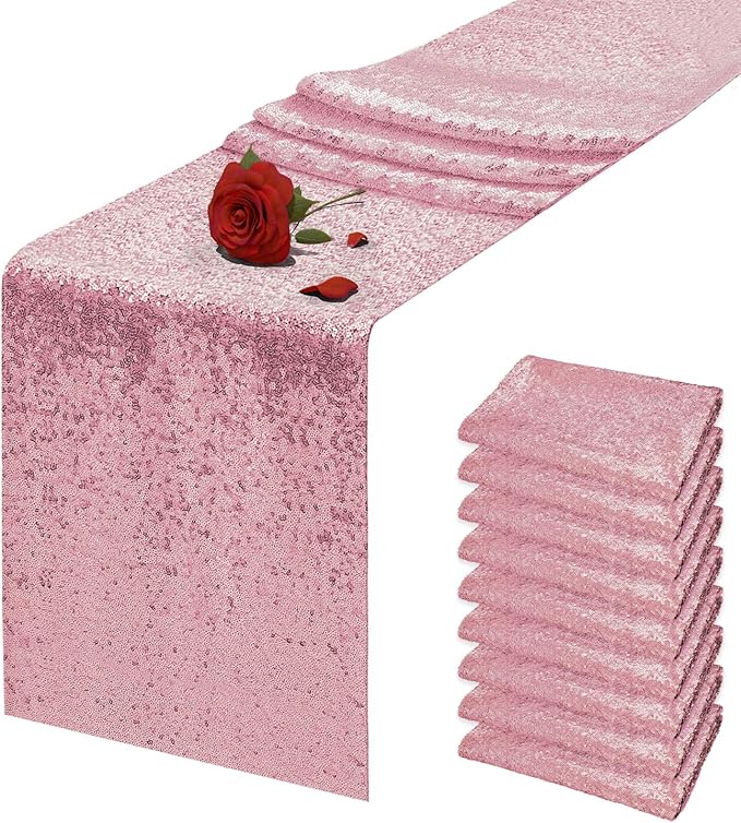 10 Packs 12 x 72 inches Light Pink Sequin Table Runner, Glitter Runner for Birthday Party Supplies Wedding Holiday Celebration Baby Shower Engagement Anniversary Decor