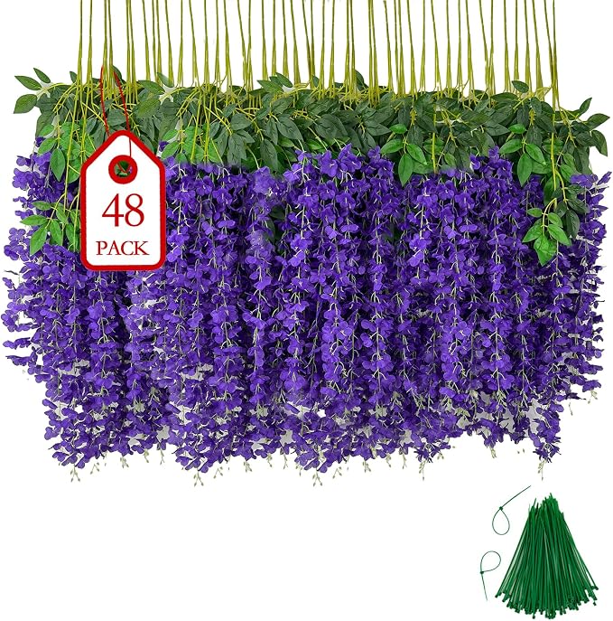 BIRDDIE 48 Pcs of Artificial Wisteria Hanging Flowers, 3.75 Feet Fake Wisteria Flower Strings for Backdrop, Wedding, Ceremony,Garden and Home Wall Decoration (Dark Purple)