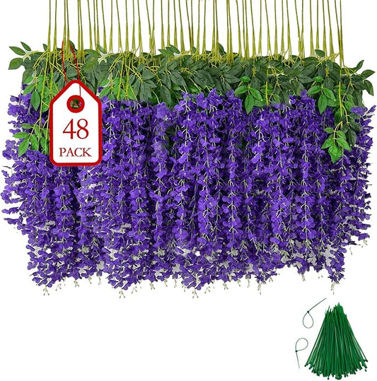 BIRDDIE 48 Pcs of Artificial Wisteria Hanging Flowers, 3.75 Feet Fake Wisteria Flower Strings for Backdrop, Wedding, Ceremony,Garden and Home Wall Decoration (Dark Purple)