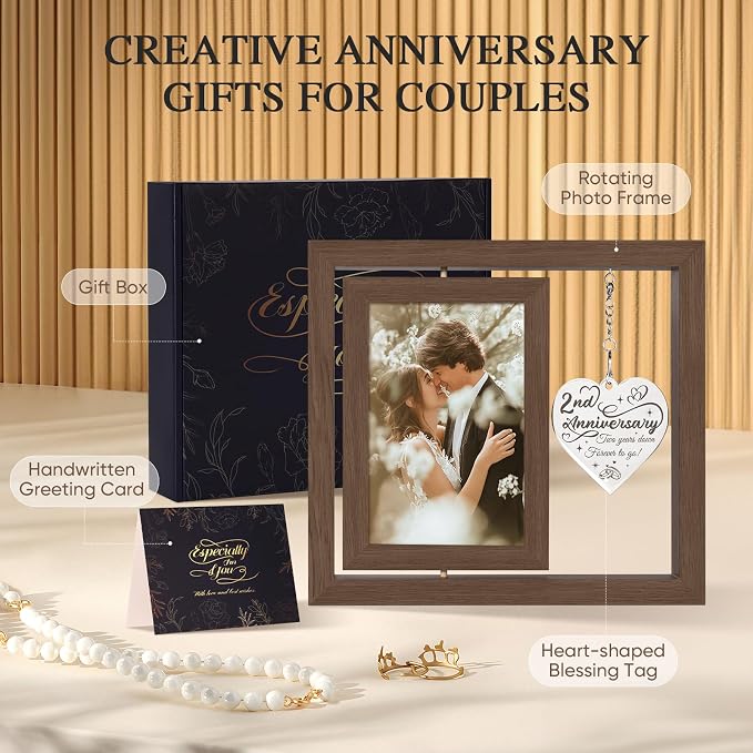 2 Year Anniversary Picture Frame Gifts for Him Her Couple Men Women Husband Wife Boyfriend Girlfriend,Best 2nd Anniversary Wood Cotton Gifts, Two Year Second Anniversary Wedding Gift
