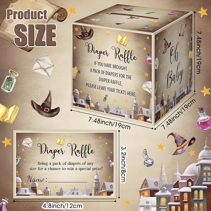 Teling 51 Pieces Diaper Raffle Tickets with Card Box Baby Shower Decorations Baby Shower Holder Box for Girl Boy Diaper Raffle Party(Magical Wizard Style)