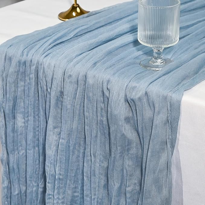 6 Pack Dusty Blue Cheesecloth Table Runners 35x120 Inch, Wide Pleated Boho Gauze Runner for Wedding Baby Shower Birthday Party, Semi-Sheer Rustic Table Decor
