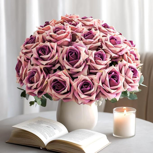 Ttranewsoo Fake Roses Faux Flowers Silk Roses Artificial Roses with Stems Realistic Artificial Flowers 24PCS Suitable for Indoor Home Decoration DIY Bouquet Wedding Decor Party Decor (Purple) 16.5In